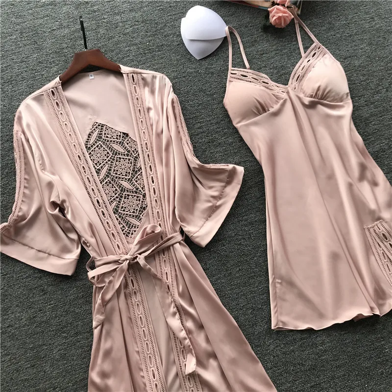 

2019 new silk robe set two pieces bathrobe women spring summer satin sleepwear sets lace sexy dressing gowns female nightwear