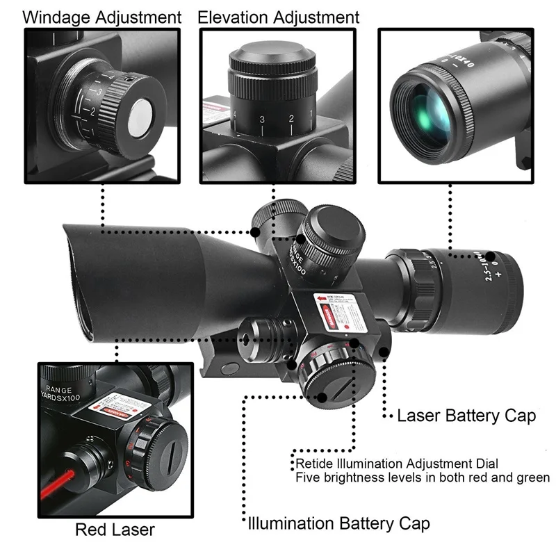 

2.5X-10 Tactical airgun Scope Sight scope mount with Holographic 4 Reticle Red / Green Laser Light Hunting Trail Riflescope