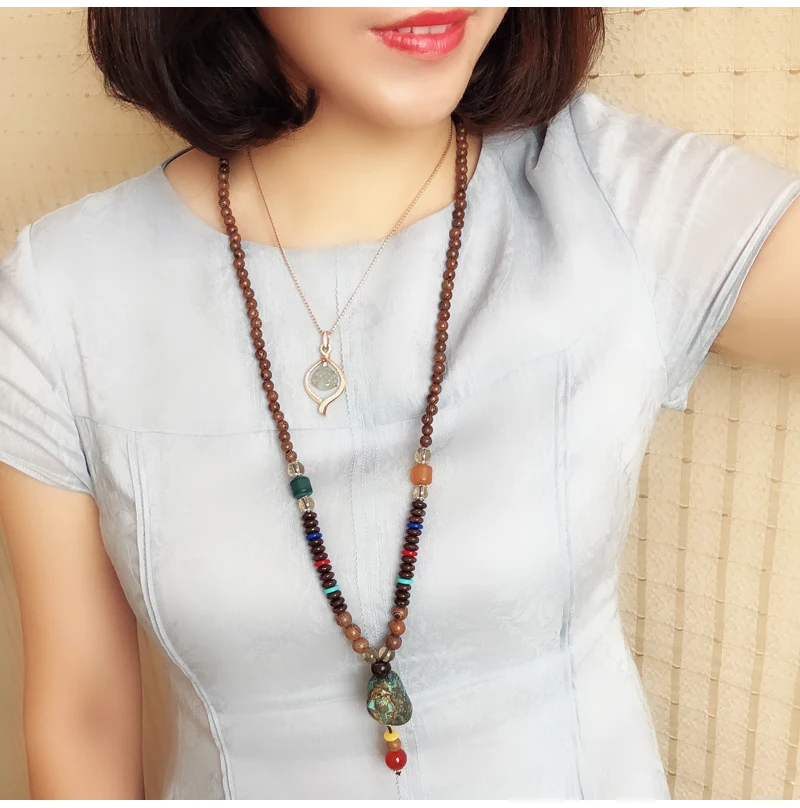 Винтажный непальский длинный буддийский деревянный кулон и ожерелье из бисера