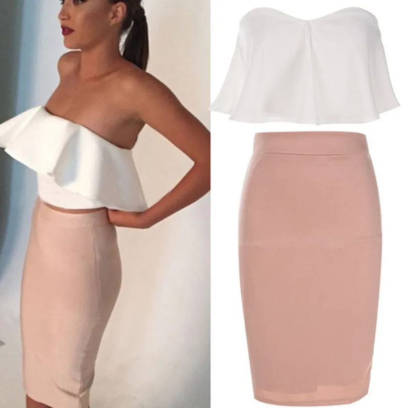 Женский элегантный офисный комплект из двух предметов с открытыми плечами белый