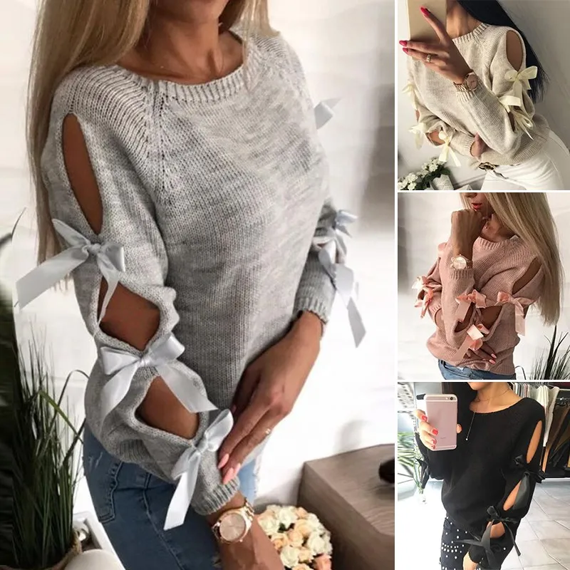 2018 Autumn Top Women Bow Hollow Out Sweater Long Sleeve Knitted Pullover Lace Up Sweaters Pullovers O Neck Casual | Женская одежда