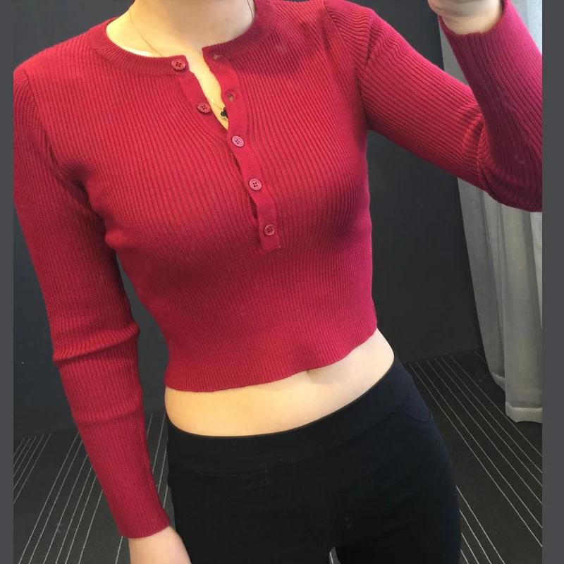 Женский укороченный свитер привлекательные облегающие футболки с длинным