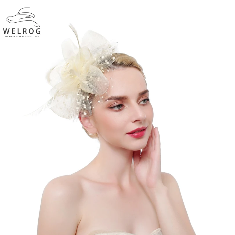 Женский однотонный сетчатый головной убор с перьями WELROG 2020|Женские фетровые