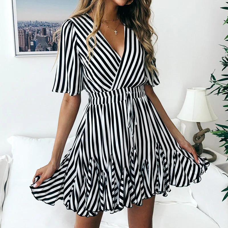 Винтажное Полосатое женское платье большого размера 2019 с глубоким v образным