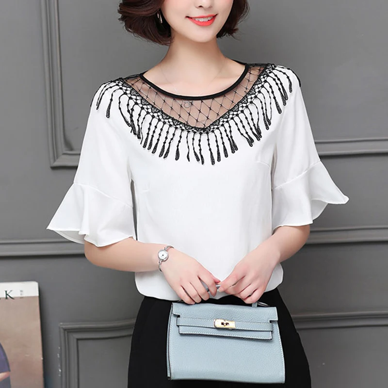

Fashion Tassel T-Shirts Women Summer 2018 Patchwork Mesh Tops Flare Sleeve Elegant Office lady O Neck Female White T-shirts