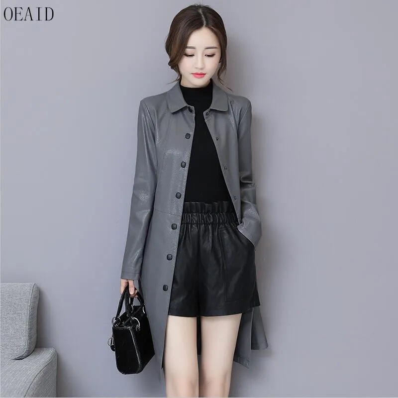

Big Size Leather Coat Women 2021 New Leather Jacket Women Long Slim Spring And Autumn Motorcycle Clothing Female Outerwear OEAD