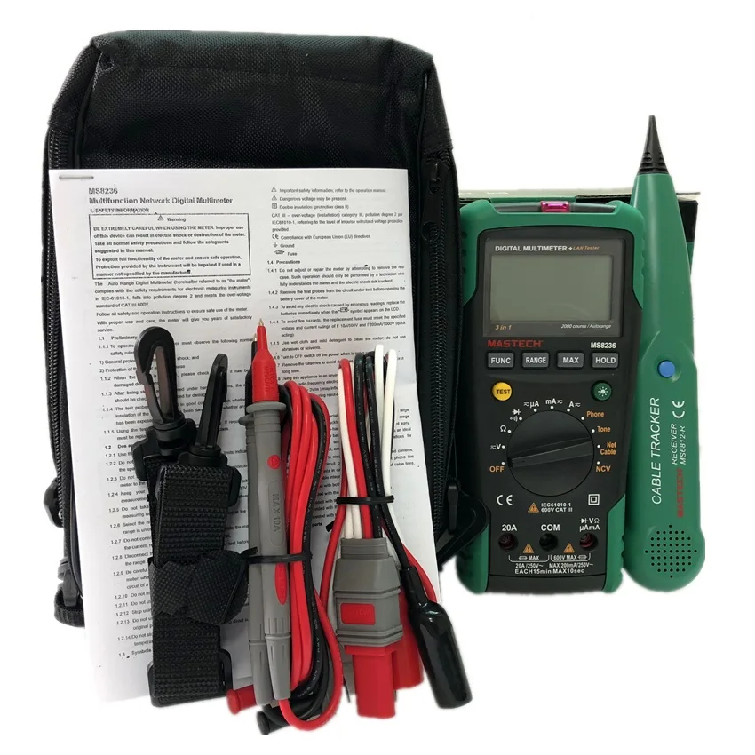 MASTECH MS8236 Auto Range Digital Multimeter LAN Tester Net Cable Tracker Tone Telephone line Check Non-contact Voltage Detect
MASTECH MS8236 Auto Range Digital Multimeter LAN Tester Net Cable Tracker Tone Telephone line Check Non-contact Voltage Detect