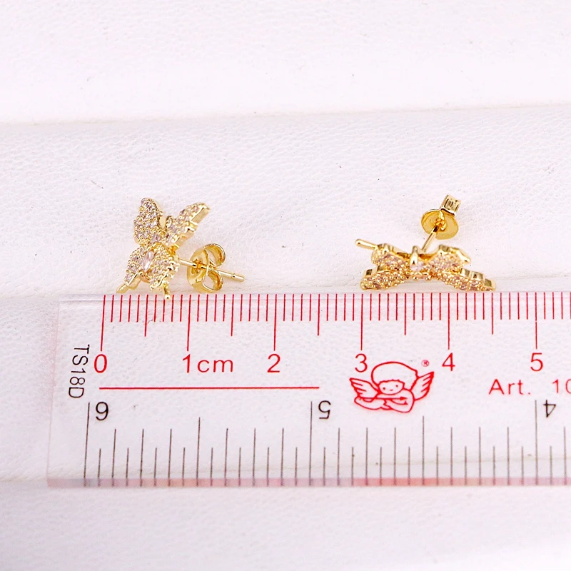 Женские блестящие серьги гвоздики с бабочкой 10 пар золотистые микрозакрепкой из