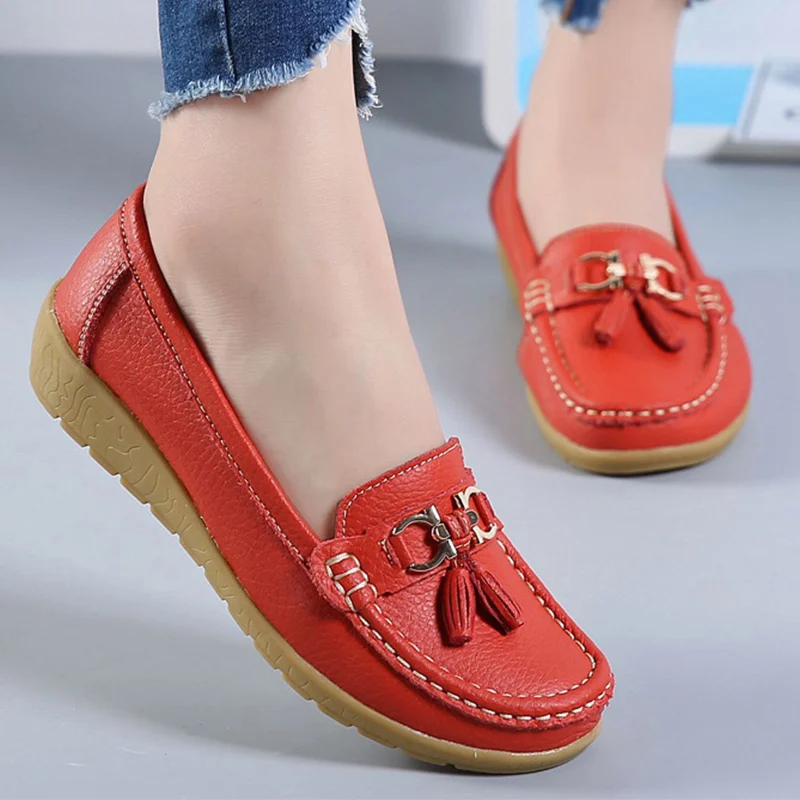 Ladies shoes women genuine leather slip on for loafers fringe round toe female large size 4.5-12 | Обувь