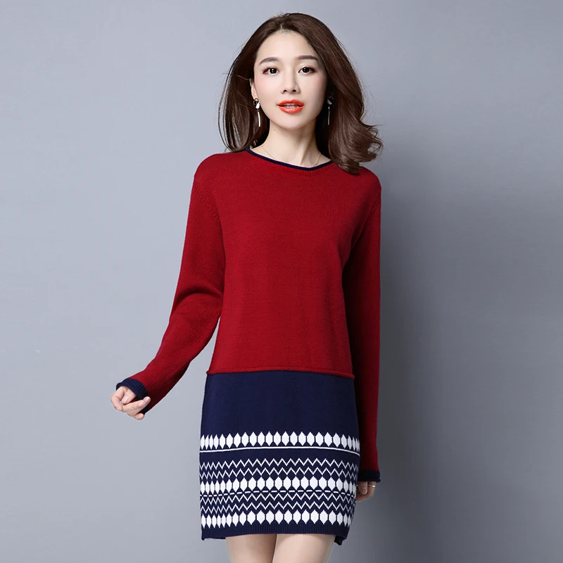 2017 Модное новое трикотажное платье-свитер с круглым вырезом Женский пуловер