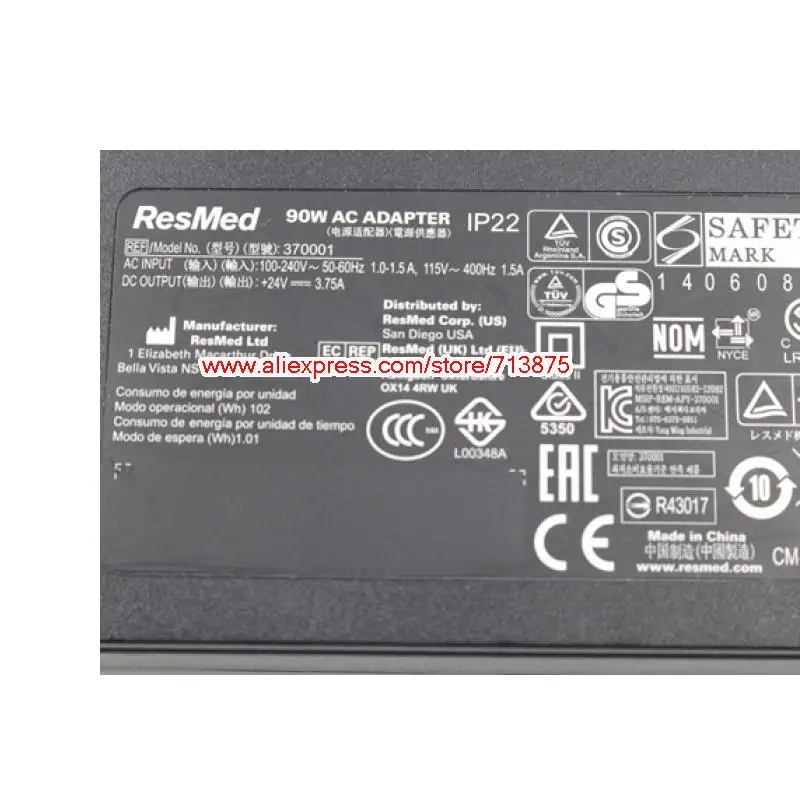Подлинная 24 V 3.75A 90 W IP22 адаптер переменного тока для ResMed AirSense S10 370001 370002 37015 DA90A24 R370-7232 Питание