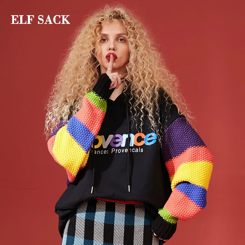ELFSACK новинка свитшоты женские повседневные вязаные с капюшоном толстовки