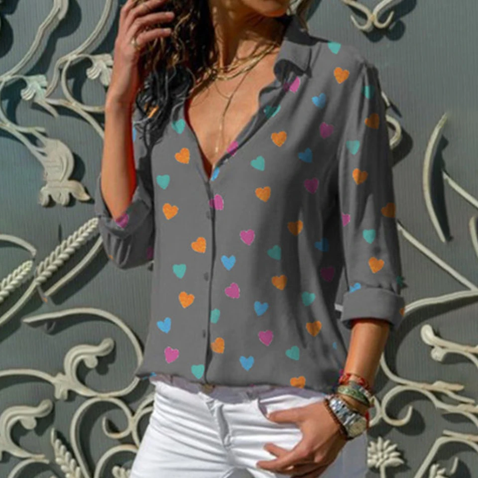 Офисная Одежда Футболка Сердце Принт Повседневный Базовый V Образный Вырез Перед