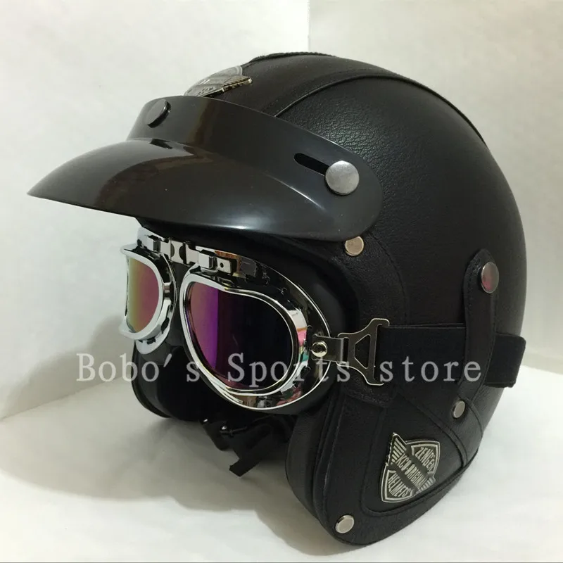Vintage leather motorcycle helmet Retro Scooter Men/women's 3/4 Moto casco Goggles Mask for open face | Автомобили и