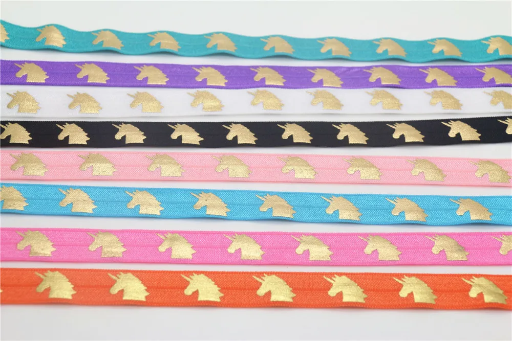 DUWES 5/8'' Free shipping gold foil unicorn printed Fold Elastic FOE headband headwear hairband decoration OEM D644 | Дом и сад