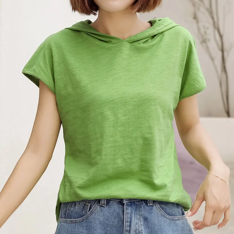 

2019 Summer New Fashion Female T-shirt Purple Hooded T-shirt Harajuku Women Tops Hooded Neck Cotton Short Sleeve Tee Shirt Femme