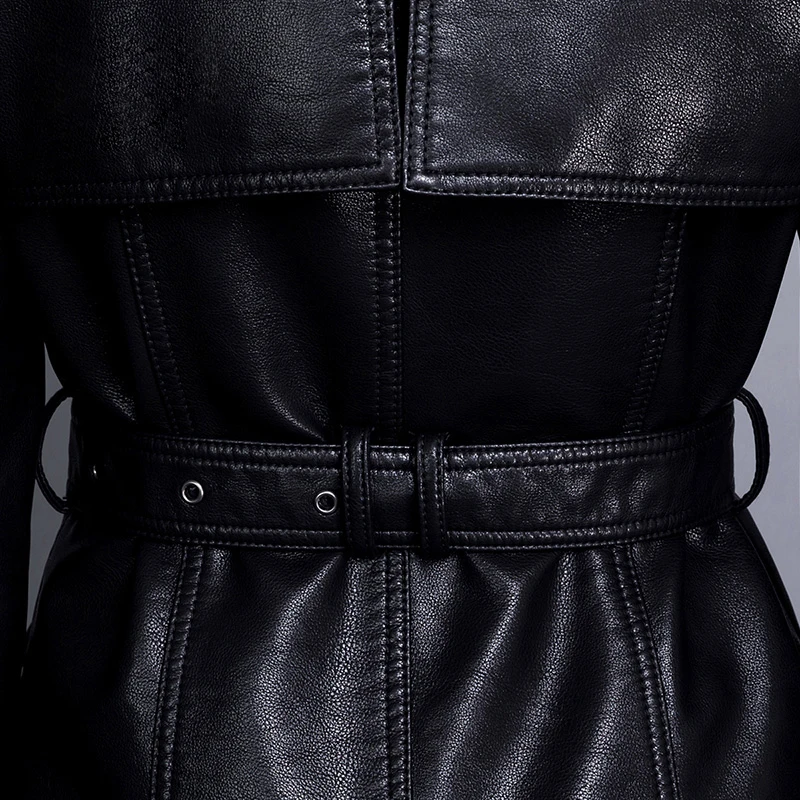 

Adjusted belt single breasted new 2019 autumn winter medium-long leather trench coat women slim long-sleeve faux leather jacket