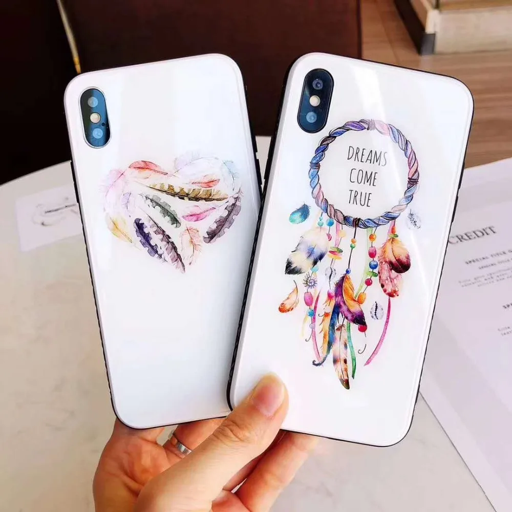 Ловец снов перьевой защитный чехол для iPhone X XS Max XR телефон закаленное стекло крышка чехол для iPhone 6 6s 7 8 Plus