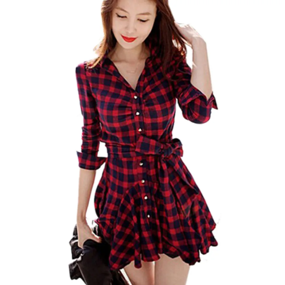 2020 Dress Women Loose Long Sleeve Waist Belt Bow Cotton Casual Plaid Shirt Vestido Party Dresses Cherrykeke | Женская одежда