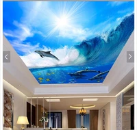custom photo wallpaper 3d ceiling wallpaper murals waves of sea dolphins and blue sky white clouds frescoes 3d room wallpaper