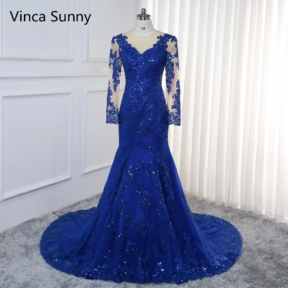 Купи Vestido de festa Sexy Long Evening Dress 2022 Long sleeve Sequin Mermaid Dress royal blue Formal Prom Gown Robe de Soiree за 7,679 рублей в магазине AliExpress