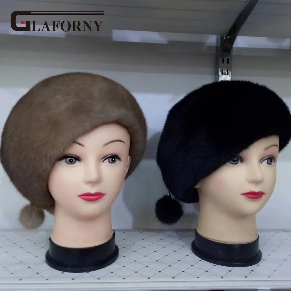 Glaforny 2018 New Arrival Genuine Mink Fur Hats with Ball Whole Berets Women Fashion Caps | Аксессуары для одежды