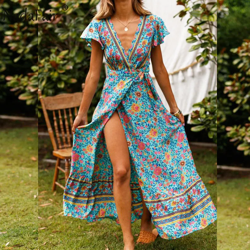 Nadafair Boho цветочное женское Макси платье с v-образным вырезом Сплит пляжное сексуальное длинное платье с поясом элегантные вечерние летние платья vestidos robe Femme