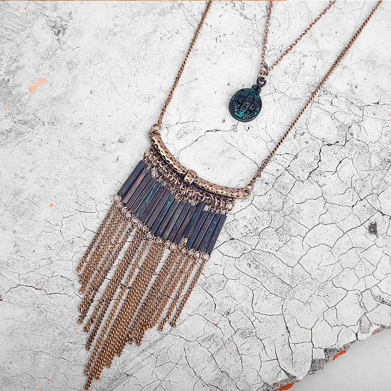 LGZH Vintage Tassel Pendant Necklace Antique Gold color Long Chain Patina metal Tube Women Ethnic Collar Jewelry | Украшения и