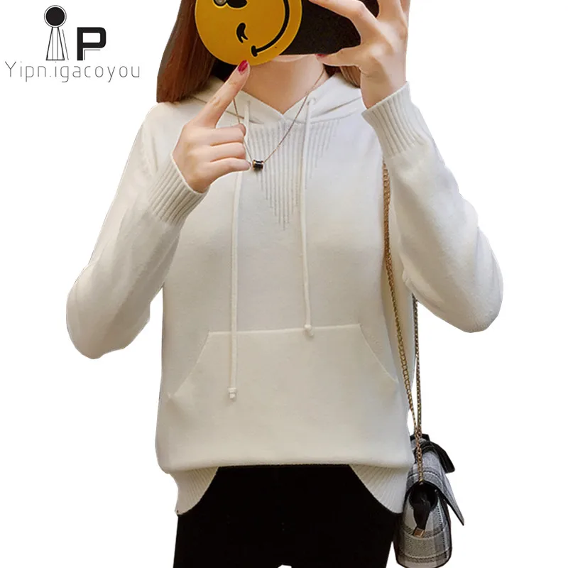 Осенний вязаный женский трикотажный свитер с капюшоном пуловер топы для женщин