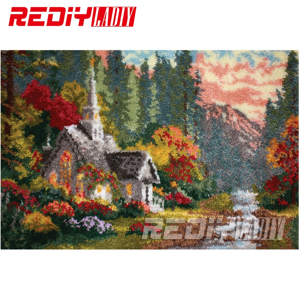

Latch Hook Rug Crocheting Tapestry Pre-printed Canvas Autumn Cottage Cushion Kits for Embroidery Home Carpet Diy Handicraft Gift