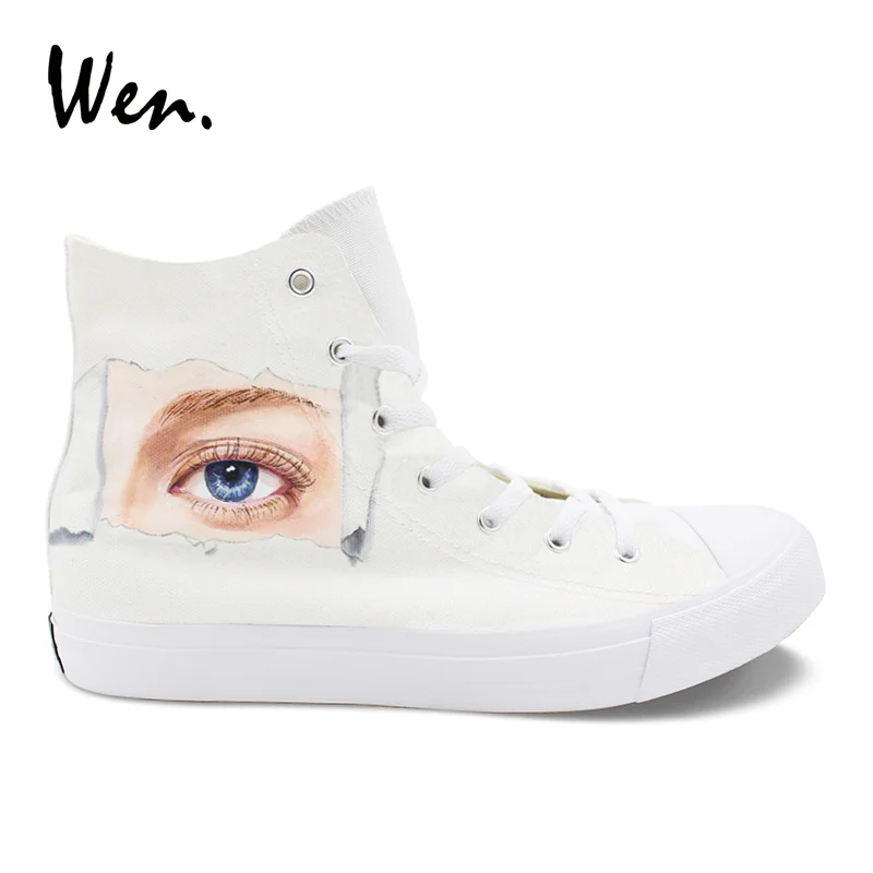 

Wen Custom Vulcanize Shoes Lady's Eyes Mouth Hand Painted Canvas Shoes White High Top Espadrilles Flat Personalized Plimsolls