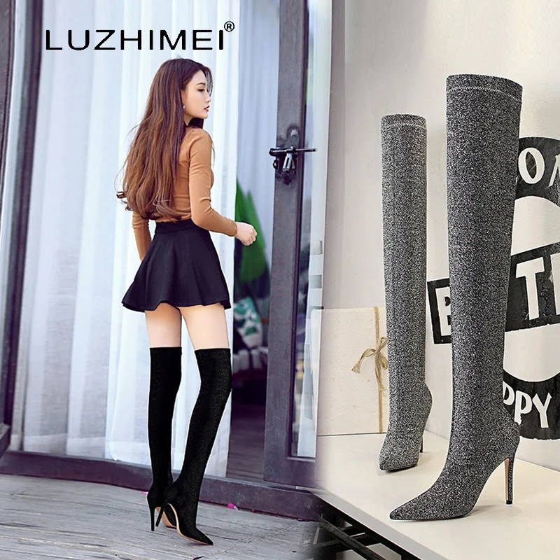 Новинка 2018 модные зимние сапоги выше колена женские эластичные с острым носком
