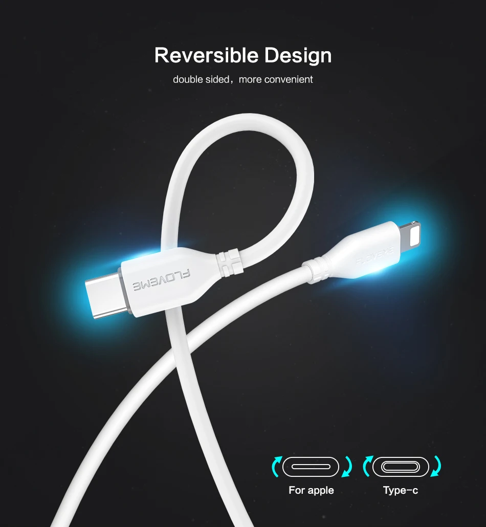 FLOVEME USB PD быстрое зарядное устройство type C для осветительного кабеля 18 Вт Реверсивный зарядный USB-C для iPhone X XR XS Max кабель type-C для передачи данных