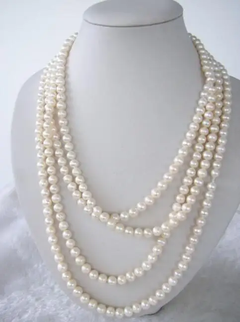 Genuine 7-8mm Natural White Cultured Pearl Hand Knotted Necklace 70