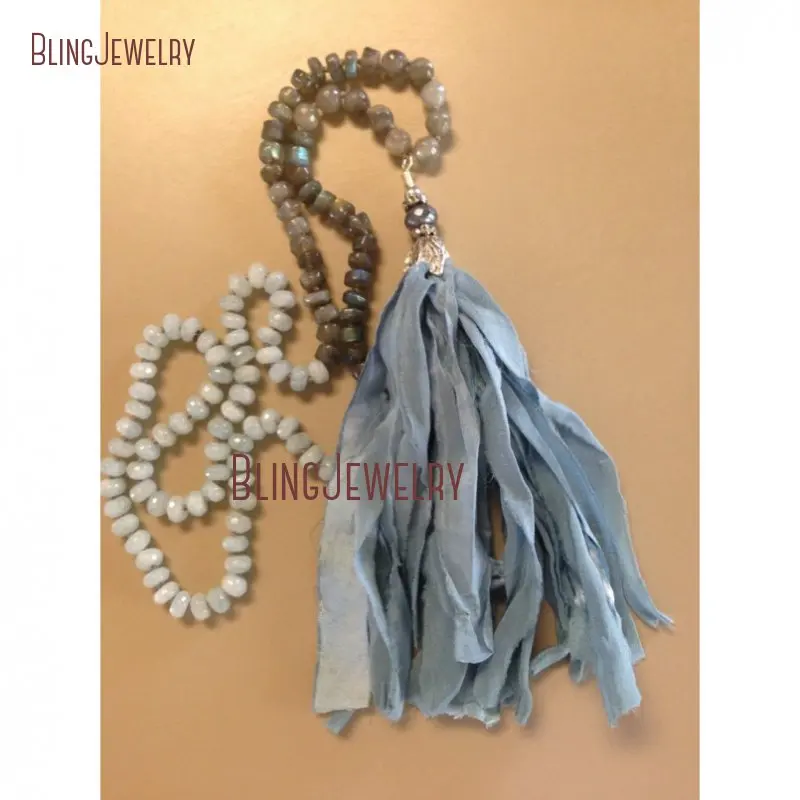Аквамарин нефрит лабрадорит бусы ожерелье бохо Sari с шелковой кисточкой