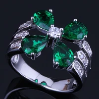 absorbing flower green cubic zirconia white cz silver plated ring v0427