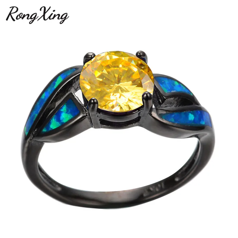 RongXing Новое Стильное кольцо с голубым огненным опалом круглые черные золотые