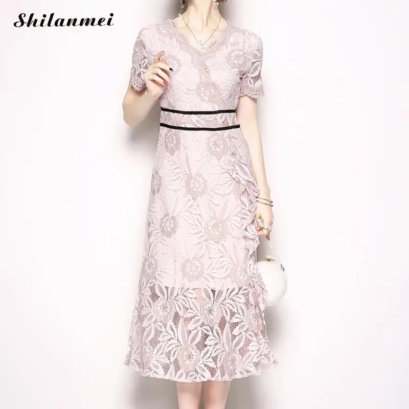 Элегантный Lace A-Line Midi платье Для женщин V шеи халат Винтаж короткий рукав 2018 летние