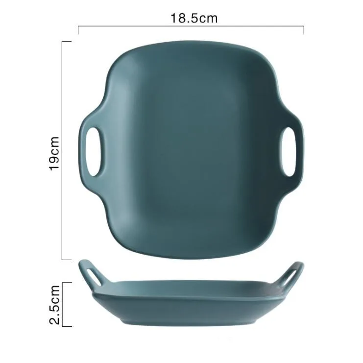 square-blue Матовый керамический бинауральный поднос, Бытовая Посуда, тарелка для завтрака, тарелка для стейка, миска для выпечки, противень для духовки, тарелка для фруктового торта - Цвет: square-blue
