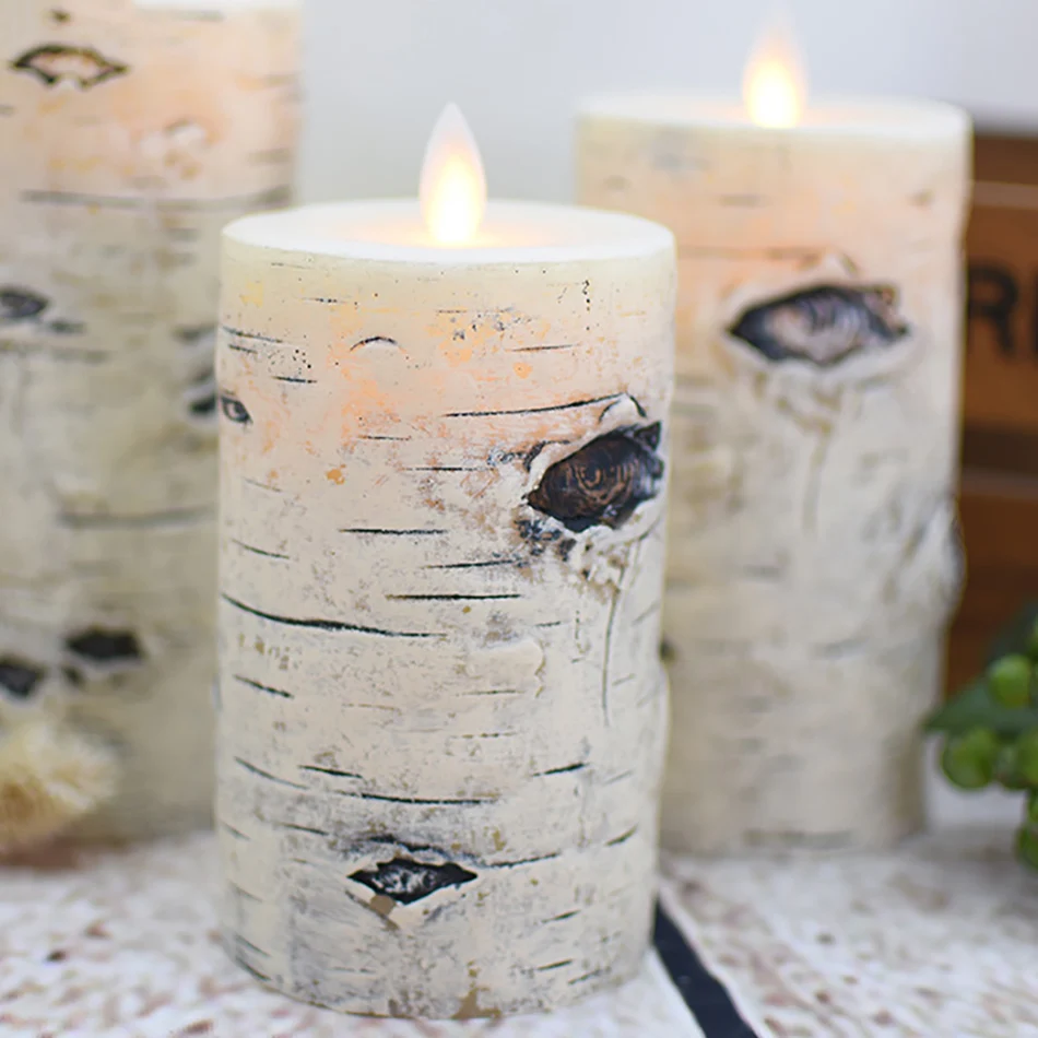 

Birch Bark Effect Pillar Candles 3 pcs/set,flameless remote paraffin wax led candle for room night light, Hotel candle decor.