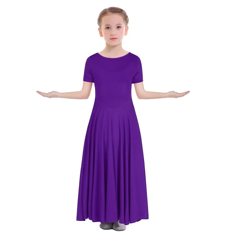 Purple Летнее платье для девочек с короткими рукавами; платье для литургических танцев; Одежда для танцев; длинное плиссированное платье; детское балетное платье для девочек - Цвет: Purple