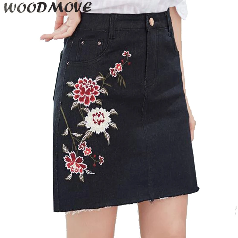 Женская джинсовая юбка с цветочной вышивкой и короткими карманами|denim skirt|skirt florala
