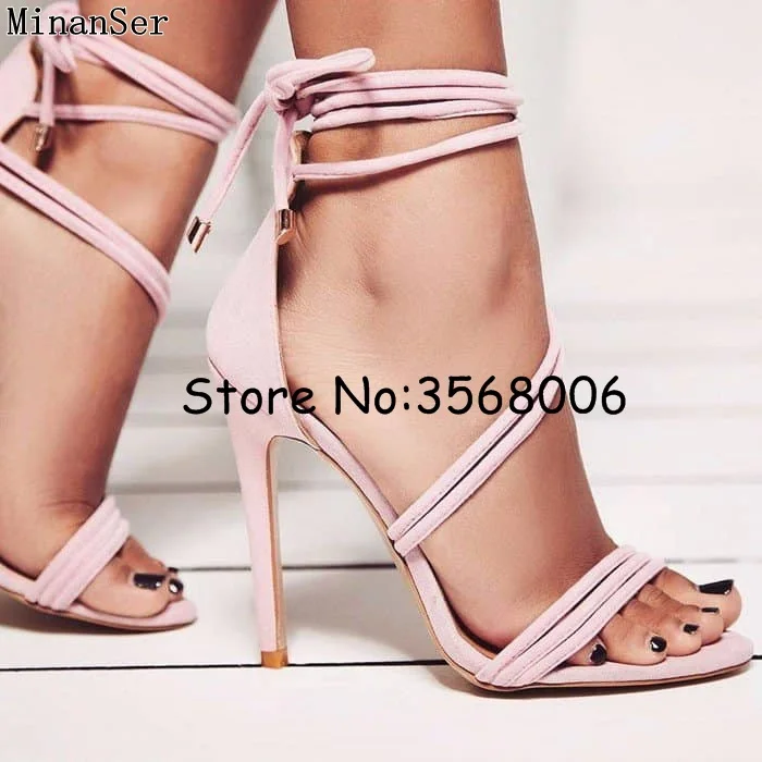 Black Pink Suede Wedding Party Dress Stiletto High Heels Tie Up Ankle Wrap Women Strappy Sandals Shoes Thin Pumps | Обувь