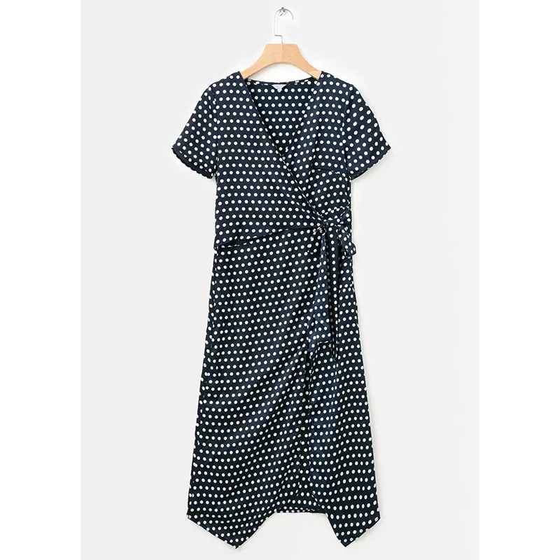 Платье в горох Женские 2019 лето V-образным вырезом, повседневное, с высокой талией, до середины икры, элегантное, из атласа с завязками, Vestidos.