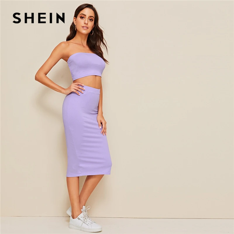 SHEIN комплект из топа бандо и юбки-карандаша с разрезом,, фиолетовый, однотонный, без бретелек, без рукавов, сексуальный летний облегающий комплект из двух предметов