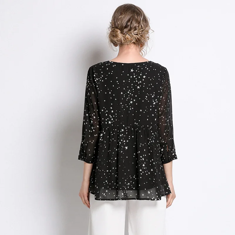 Женская шифоновая рубашка QINGWEI, черная блузка большого размера с V-образным вырезом и пятиконечной звездой, весна 2019 от AliExpress RU&CIS NEW