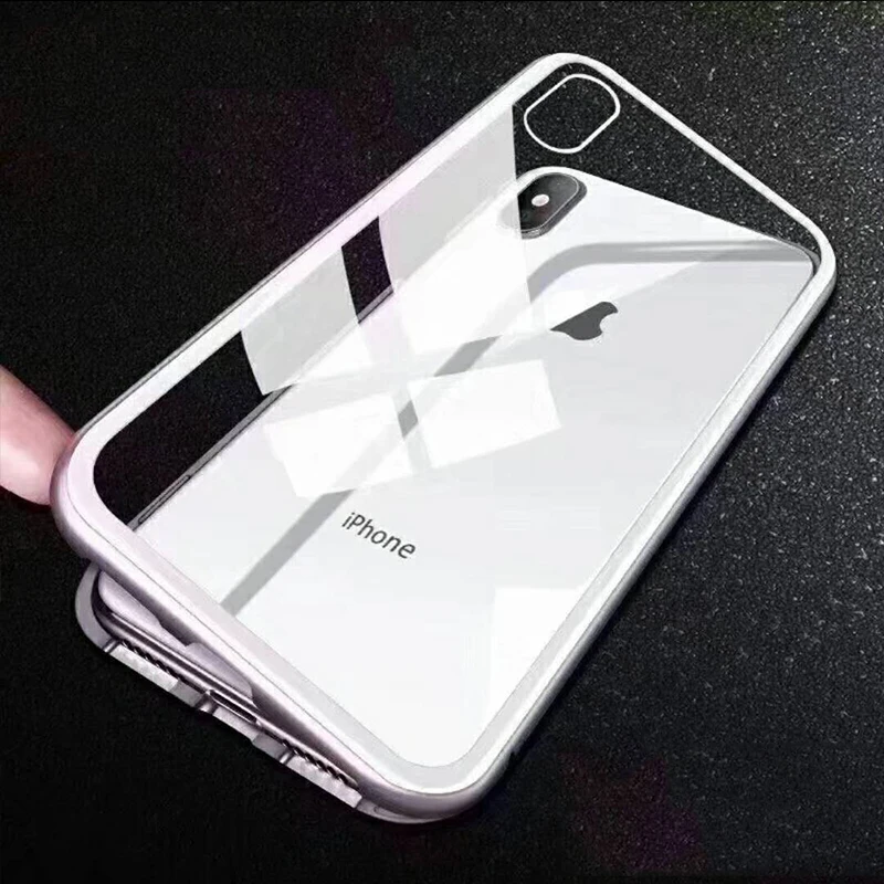 Case for Iphone XS MAX XR Magnetic Adsorption Tempered Glass Back Cover Metal Frame Built-in Magnet |