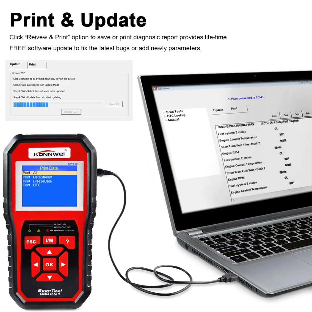 Профессиональный OBD2 сканер автомобильный KW850 считыватель кодов OBD II и EOBD
