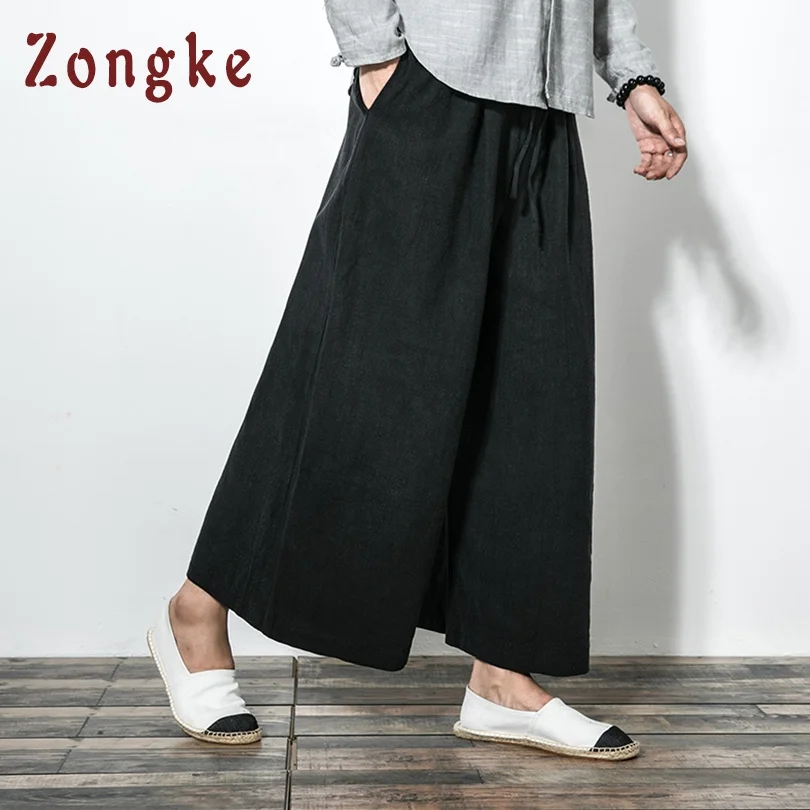 Black Zongke, китайский стиль, свободные широкие брюки, мужские штаны для бега, Японская уличная одежда, льняные брюки, мужские брюки XXL, Мужские штаны для бега, новинка - Цвет: Black
