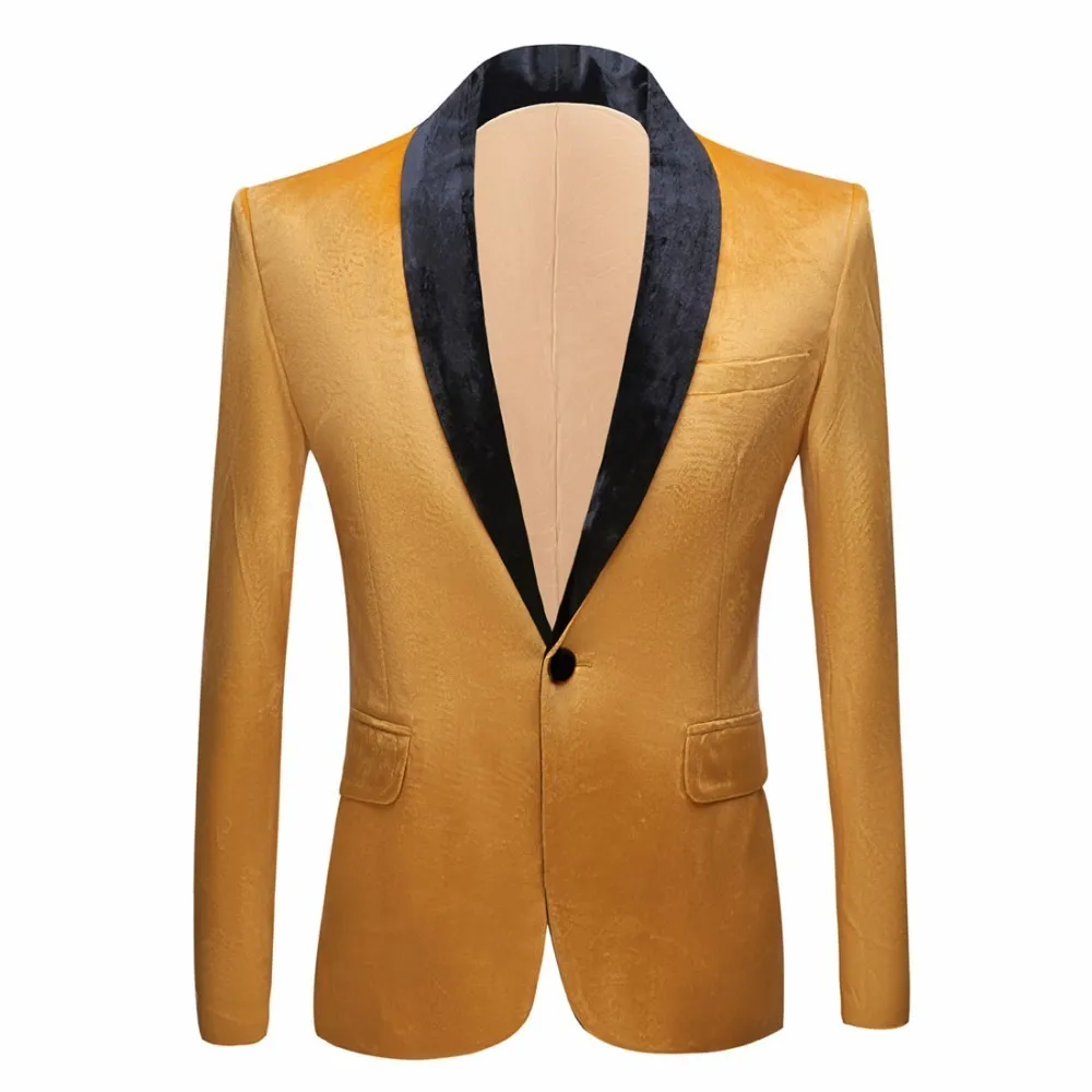 light gold PYJTRL для Мужчин зеленый фиолетовый розовый синий золото красный черный бархат модный костюм куртка Свадебный Жених сценический певец Пром Slim Fit Пиджаки - Цвет: light gold